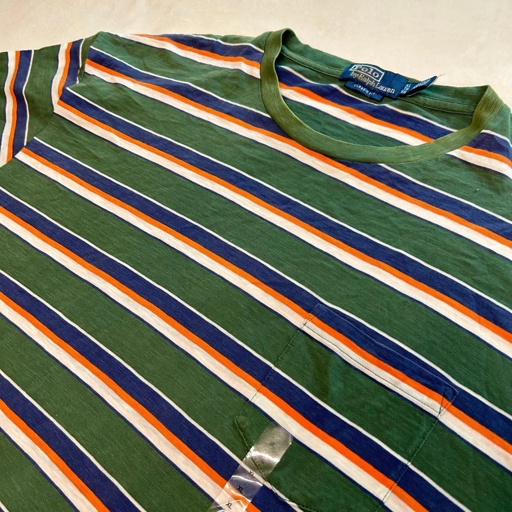 Polo Ralph Lauren Mens XL Classic Fit Striped Pocket T-Shirt Green Blue Orange